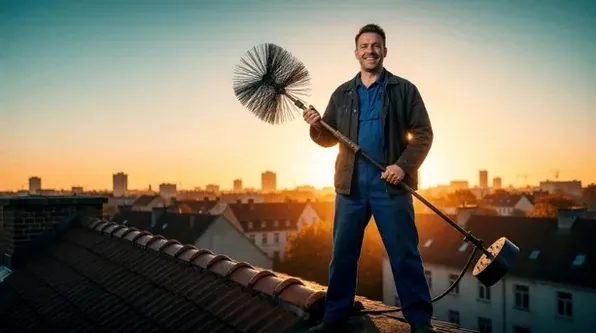 Chimney technician finishing a rooftop repair in Upper Arlington at dusk