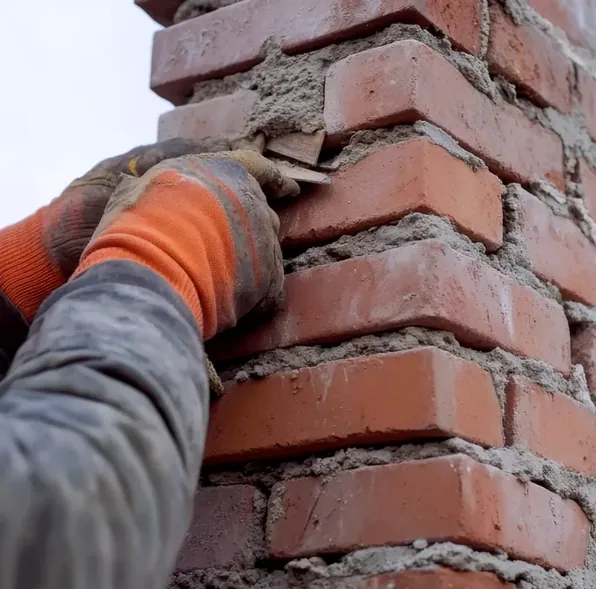 Mason tuckpointing a broad ranch-house chimney near Northam Park